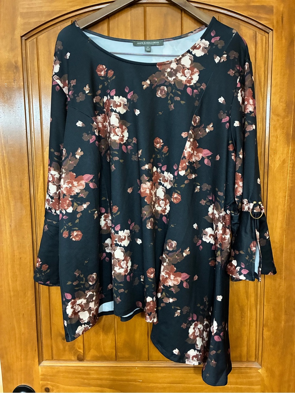 Kate & Mallory Asymmetric Black Floral Bell-Sleeve Blouse